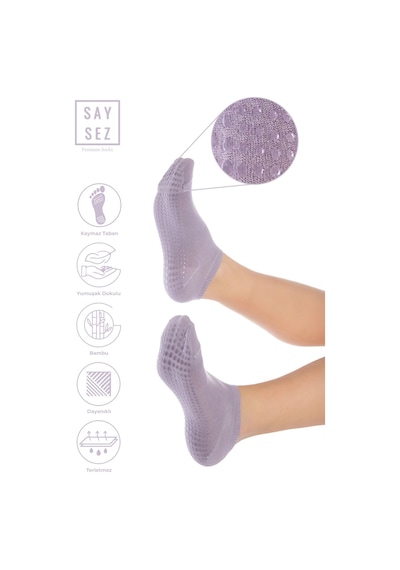 Saysez Bambu Kadın Kaydırmaz Lila Mor Taban Silikon Baskı Pilates Yoga Fitness Dans Aktivite Patik Çorabı Renkli