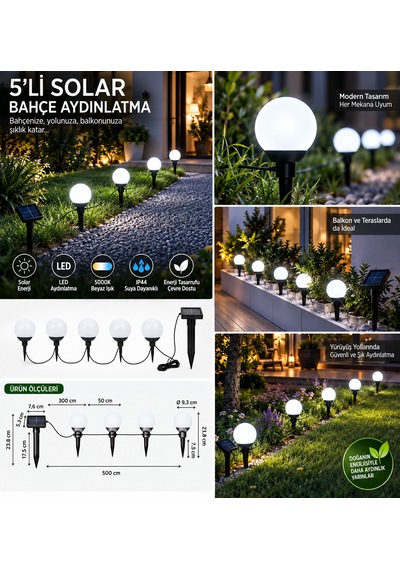 5 Li Solar Bahçe Aydınlatma Led Küre Seti Güneş Enerjili Dekoratif Işık Saplamalı & Asılabilir