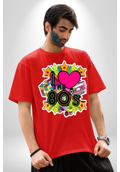 80leri Seviyorum Kaset Ve Özel Hediye Pamuklu Bisiklet Yaka Unisex Oversize Boyfriend Dijital Baskılı Kırmızı T-shirt Kırmızı