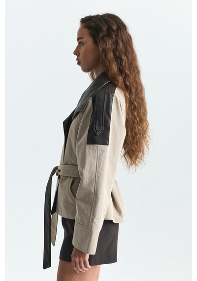 Antioch Suni Deri Yaka Kısa Trençkot Bej