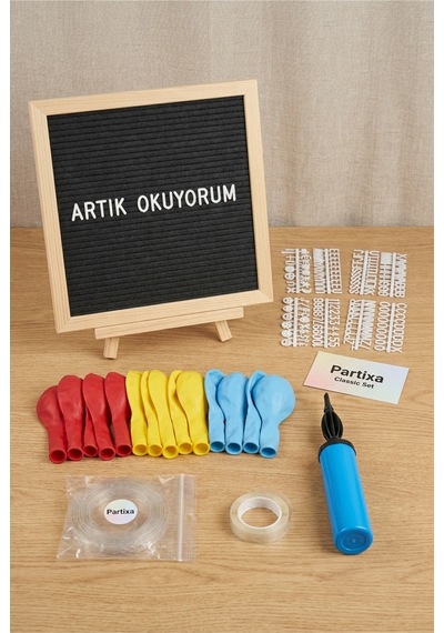 Okuma Bayramı Süsleme Classic Set Koyu Gri Keçe Yazı Panosu Standlı Balon Zincirli Artık Okuyorum Seti 1 - 12 Yaş