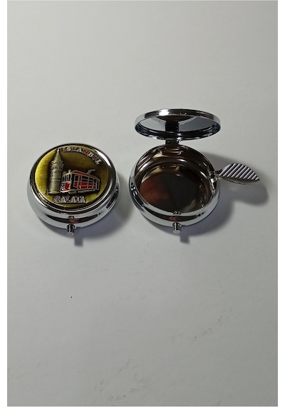 Mini Taşınabilir Cep Küllüğü - Mini Cep Küllüğü - Çanta Küllüğü 5cm - İstanbul Galata Desenli Kapaklı Metal Mini Kül Tabağı