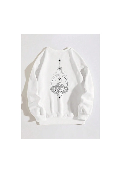 Tarzsokak Dağ Ve Güneş Desenli Damla Omuz Sweatshirt Beyaz