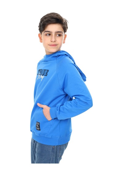 Toontoy Kids Toontoy Erkek Çocuk Relax Fit Kapüşonlu Cepli Reglan Kol Baskılı Sweatshirt - 2 İplik Saks