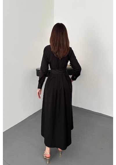 Alemdarshop Siyah Düğmeli Poplin Elbise - Siyah