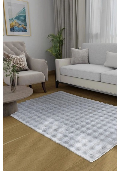 Aries Home Tavşan Tüyü Yumuşak Keçeleşmez Dekoratif Bubble İthal Kalite Post Halı Gri