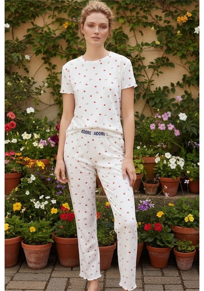 Siyah İnci Lastikli Fitilli Kaşkorse Örme Pijama Takım 26120601 Beyaz Kırmızı