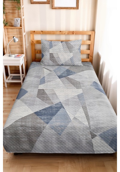 Mavi Geometrik Genç Odası Tek Kişilik Pike Takımı - Gri Modern 160x220 Cm Kapitone Yatak Örtüsü Mat Çiçek Yansıması