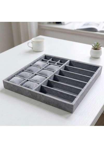 20 Bölmeli 8+6+6 Ahşap Üzeri Baby Face Kadife Kumaş Saa- Takı Ve Yüzük Standı - Organizeri Ebat 38x36x5 Gri