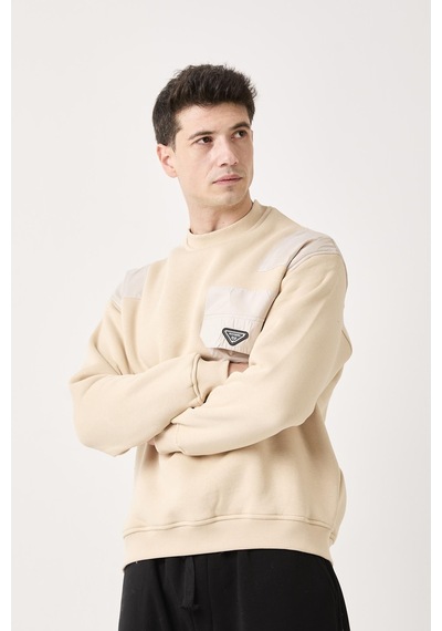 X-4006 Garni Detaylı Üç İplik Şardonlu Sweat Bej