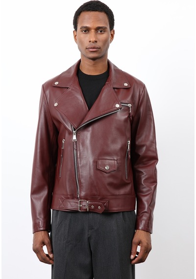 Antioch 100% Deri Biker Ceket Bordo