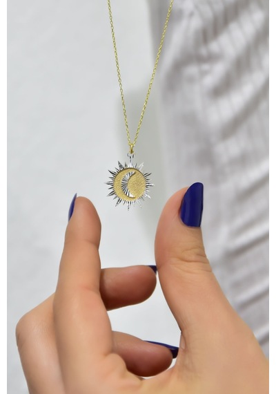 925 Ayar Gümüş Gold Kaplama Kristal Kesim Plaka Hilal Kolye
