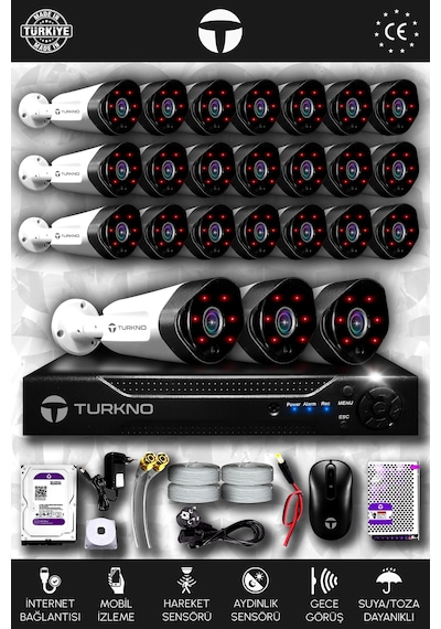 Turkno 24 Kameralı Galia 24 Dış Kamera Set 500 GB HDD Full HD Gece Görüşlü Güvenlik Kamerası Sistemi