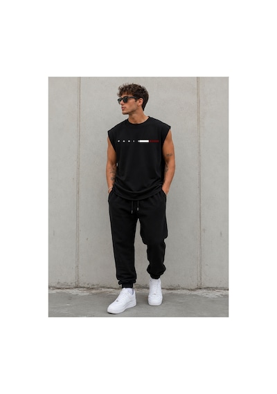 Herkesemoda Paris Yazı Detaylı Sıfır Kol Bisiklet Yaka T-shirt Siyah