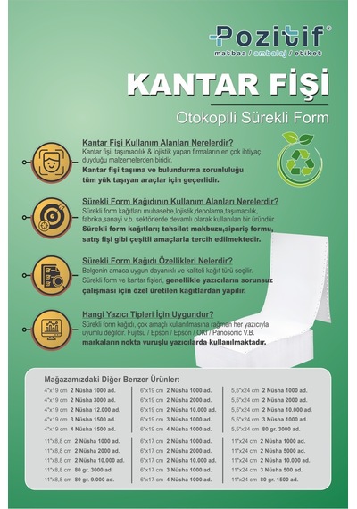 11x24 Kantar Fişi 2 Nüsha 5000 Adet , Beyaz Otokopili Sürekli Form 11''x24 Cm