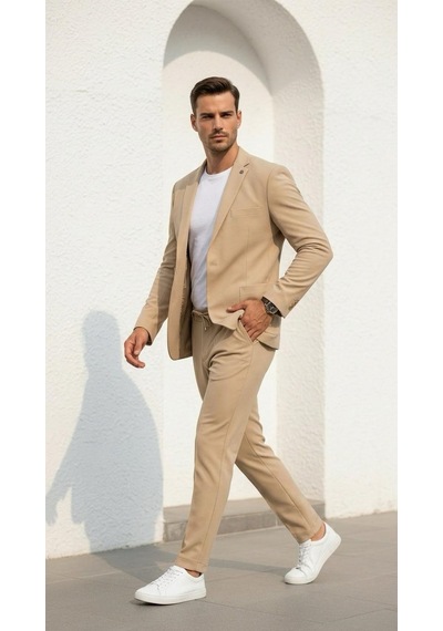 Erkek Gofre Desenli Takım Elbise Bağcıklı Pantolon Duble Paça Tek Düğme Modern Slim Fit Bej