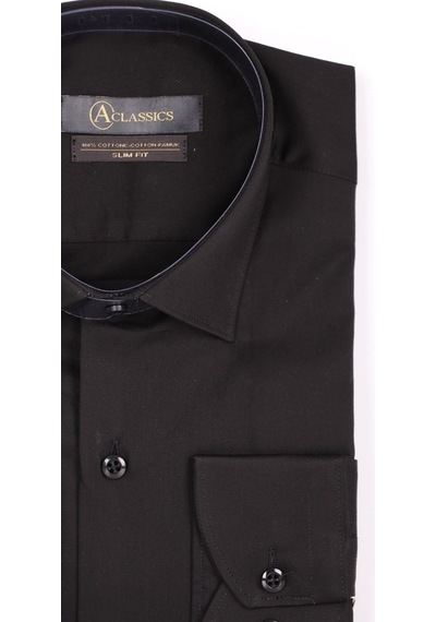 Aclassics Erkek Siyah Slim Fit Saten Pamuk Cepsiz Gömlek