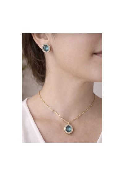 Lunarie 14k Gold Çelik Oval Halo Taşlı Kolye Küpe Takı Seti Altın