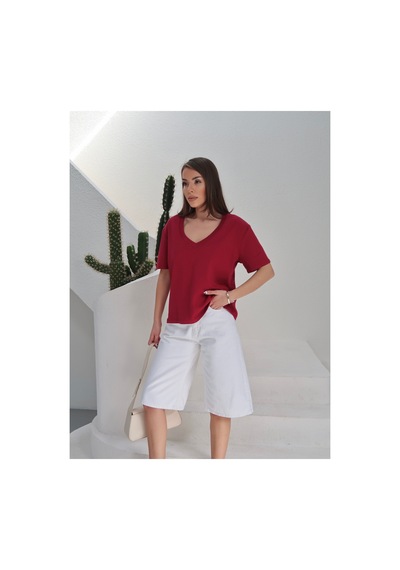 Paw Garage Kadın Massi İnterlok Kumaş V Yaka Oversize T-shirt Bordo