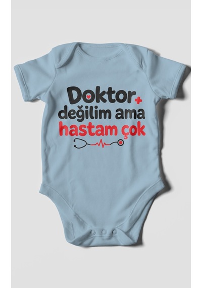 Morivokids Doktor Değilim Ama Hastam Çok Kısa Kollu Bebek Body %100 Pamuk Bebe Mavisi