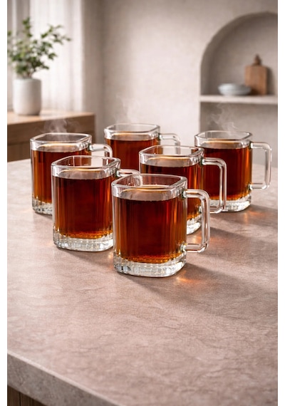 6 Lı Cam Kulplu Çizgili Çay Bardağı Bardak 120ml Şeffaf