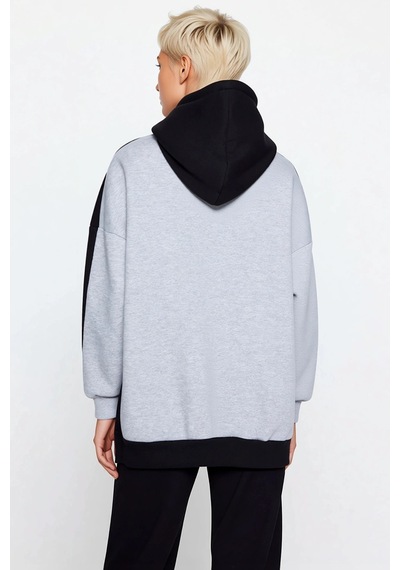 Benerly Kadın Kapüşonlu Düşük Kol Örme Geniş Kalıp Sweatshirt Fonksiyonel Gri Melanj