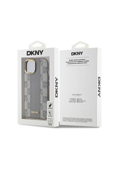 Apple Uyumlu iPhone 15 Kılıf Dkny Lisanslı M-safe Şarj Özellikli 3d Yazılı Checkered Pattern Kapak Krem