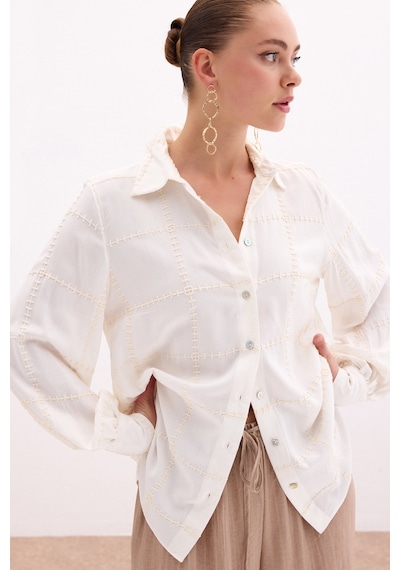 Sateen Nakış Detaylı Viskon Gömlek - Krem-136095 Krem