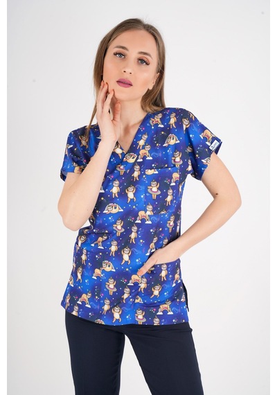 Unisex Stars Club Desenli Doktor Hemşire Hastane Aşçı Mutfak Scrubs Tek Üst Üniforma Saks Mavi