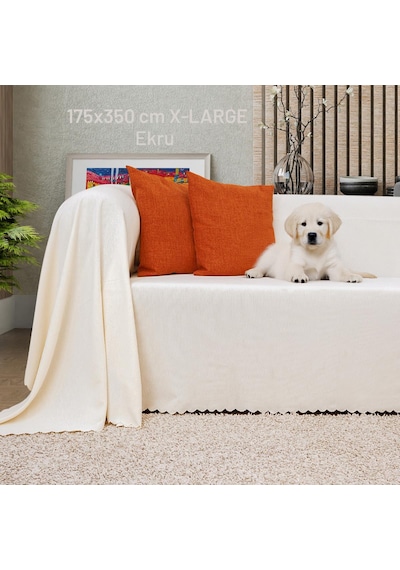 Kaymaz Koltuk Örtüsü Çift Taraflı Mikrofiber Şönil 175x350 Cm Xl- Ekru Kedi Köpek Ve Çocuk Dostu Ekru