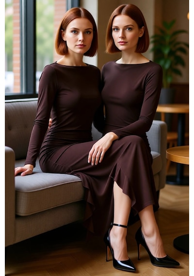 Ersefa Kadın Uzun Kollu Kayık Yaka Eteği Fırfırlı Bodycon Maxi Elbise Mo Kahverengi