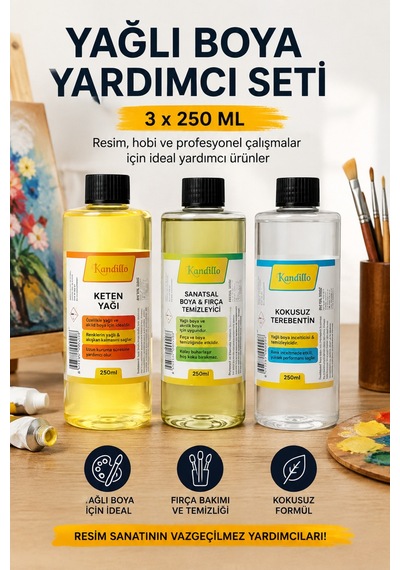 Yağlı Boya Yardımcı Malzeme Seti 3x250 Ml Keten Yağı Terebentin Fırça Temizleyici Diğer