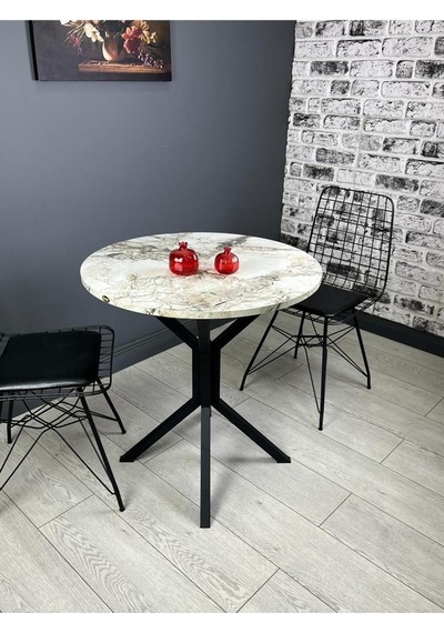 Nisa Efes Yuvarlak Mutfak Masası Yemek Masası Balkon Masası Metal Siyah Ayak 70 Cm