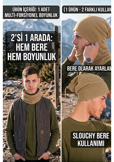Ritagarcia Erkek Polar Boyunluk Bere 2'si 1 Arada İpli Ayarlanabilir Çok Amaçlı Kışlık Boyunluk Bere Vizon
