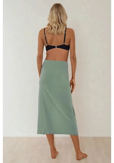 Hiccup Drapeli Yüksek Bel Bodycon Sandy Maxi Etek Haki Yeşil