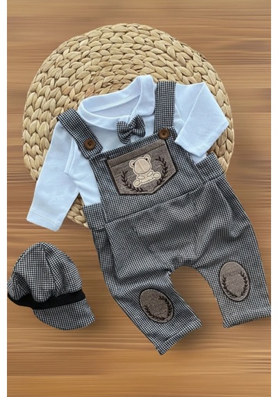 Erkek Bebek Ayıcıklı Salopet Takım - Kasketli, Papyonlu 3 Lü Set Kahverengi