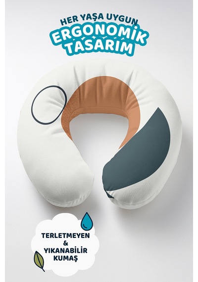 Modern Geometrik Desenli Ergonomik Boyun Yastığı - Minimalist Krem Turuncu Gri Seyahat Yastığı Koyu Kanyon Elma Yeşili