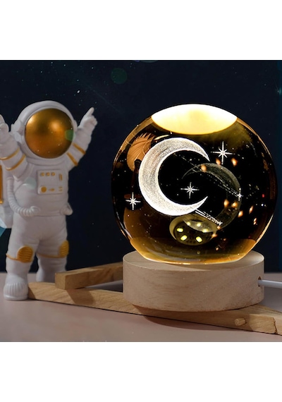 Kişiye Büyük Boy Işıklı Ahşap Kaideli Ay Ve Yıldız Temalı Cam Küre 8cm