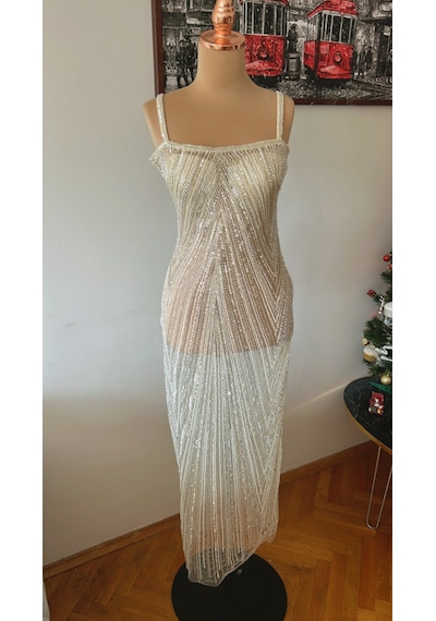 Chica Rosa Fashion Pudra Sarı Taşlı Kristal Abiye Elbise