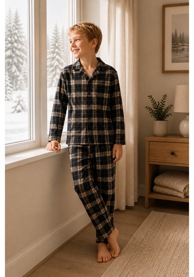 Free Beka Ekose Desenli Uzun Kollu Gömlek Yaka Düğmeli Erkek Çocuk Pijama Takımı Bej