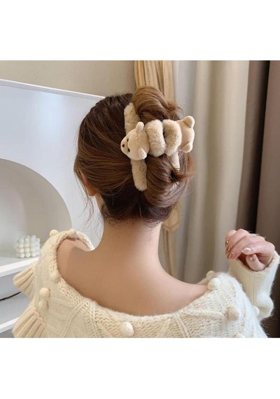 Kadın Çift Taraflı Ayıcık Peluş Mandal Toka 12 Cm Karamel