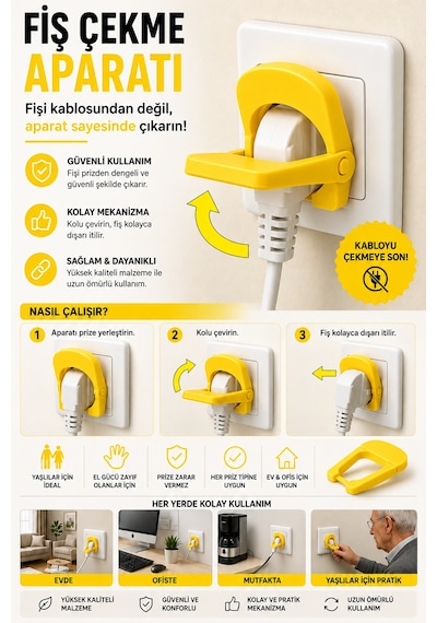 3d Baskı Fiş Çekme Aparatı Kolay Fiş Çıkarma Yardımcısı Ergonomik Priz Aparatı - Sarı