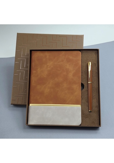 Mobgift Altın Şeritli Tarihsiz Soft Deri Defter Ve Roller Kalem Seti Kahverengi