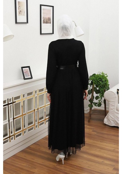 Neşeli Butik Kadın Tül Kemerli Tesettür Elbise Rssn45 - Siyah
