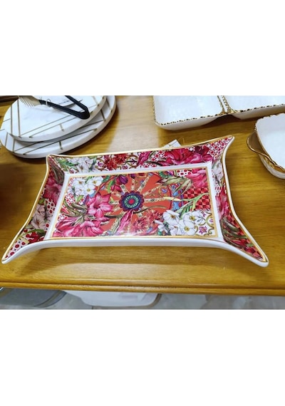 Porselen Lilyum Desenli Dekoratif Tabak 35,5x22x4,5 Cm