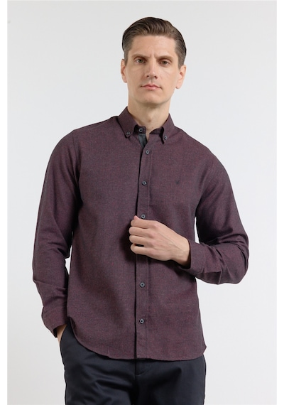 İmza Bordo - Siyah Düğmeli Yaka Uzun Kol Cepsiz Slim Fit Pamuklu Gömlek 1004255233