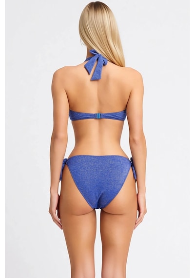Benerly Kadın Bikini Takımı Üçgen Kap Halter Yaka Kolsuz Simli Örme Kumaş Mavi