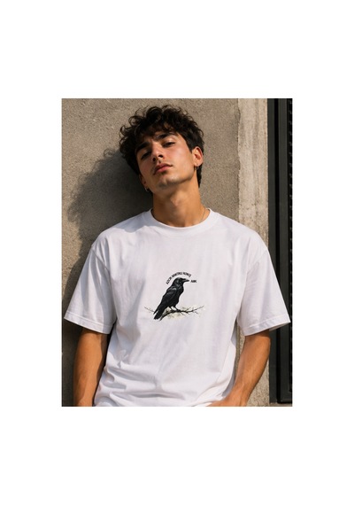 Qmen Style Unisex Beyaz Oversize Baskılı T-shirt Espirili Raven Baskılı %100 Pamuk