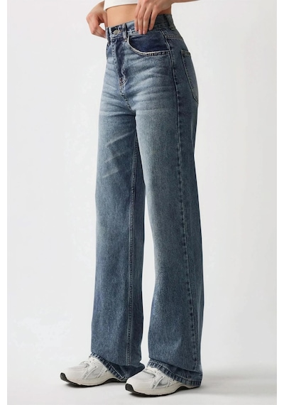 Hiccup Orta Bel Straight Leg Denim Pantolon Orta Mavi Denim