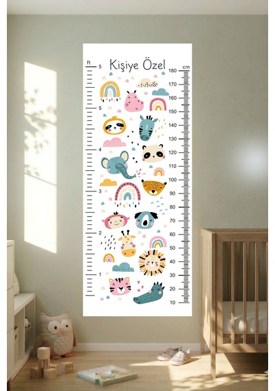 Kişiye Özel Hayvanlar Temalı Dekoratif Çocuk Boy Ölçer Sticker Duvar Cetveli Takip Çizelgesi Beyaz